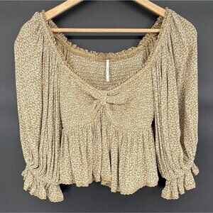 Free People Women's Ditsy Floral Peasant Crop Top XS Olive Green Bohemian Boho